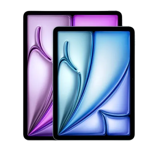 Mô hình máy tính bảng Apple iPad Air (2024) màu xanh không có nền, làm nổi bật thiết kế và màn hình của thiết bị