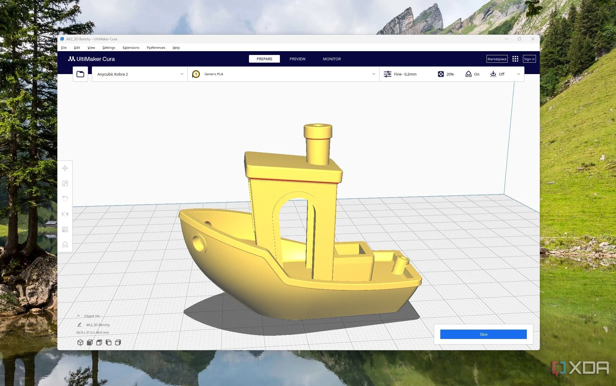 Mô hình thuyền Benchy được cắt lớp trong phần mềm Cura