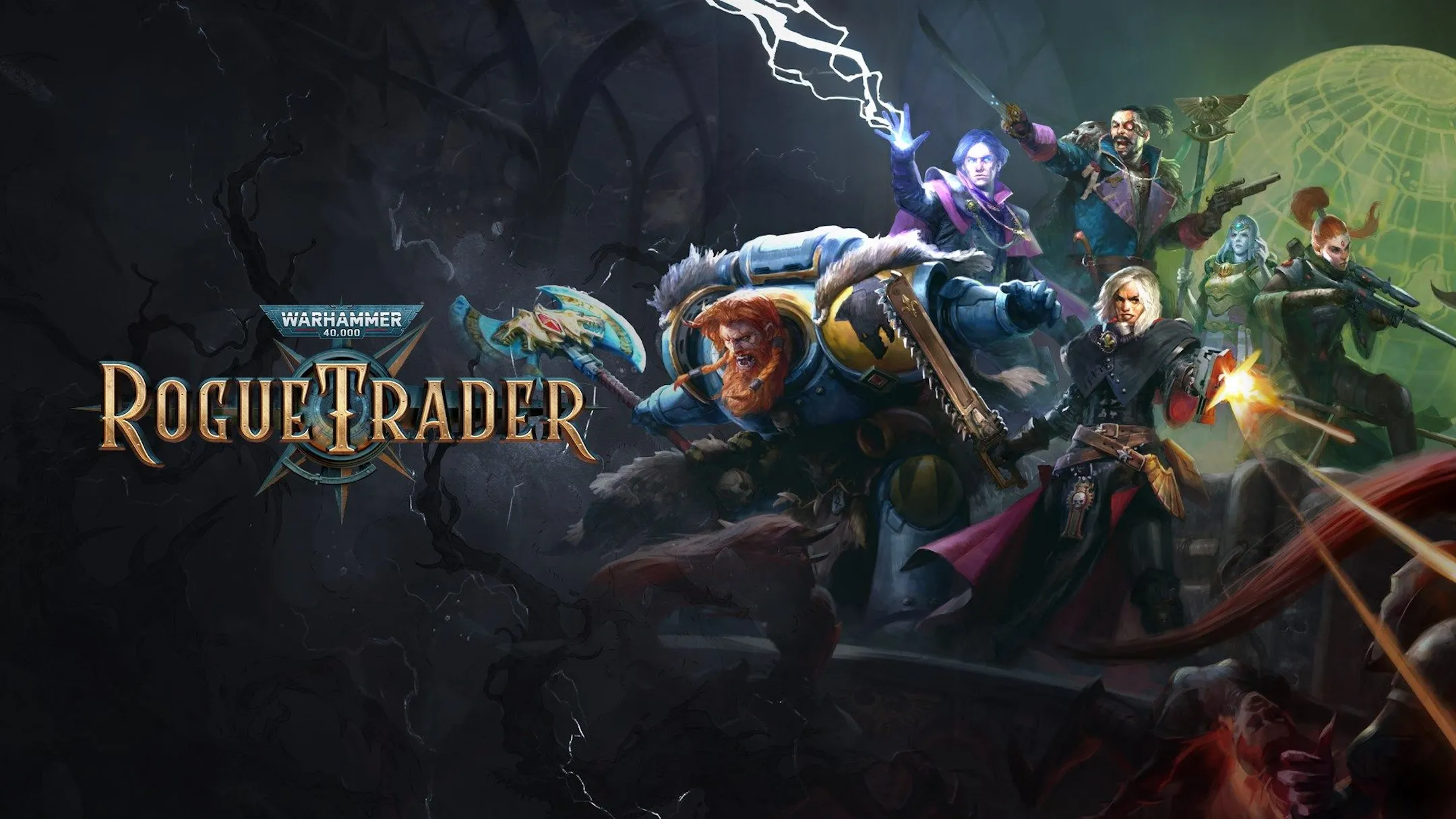 Mô tả hình ảnh trò chơi Warhammer 40,000: Rogue Trader, hiển thị giao diện và nhân vật chính, minh họa đồ họa isometric và không khí u tối của vũ trụ 40K