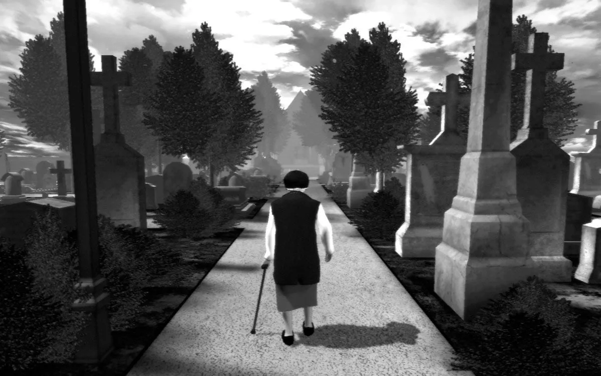 Một bà lão đang bước đi trong nghĩa trang u ám, hình ảnh đặc trưng của game The Graveyard