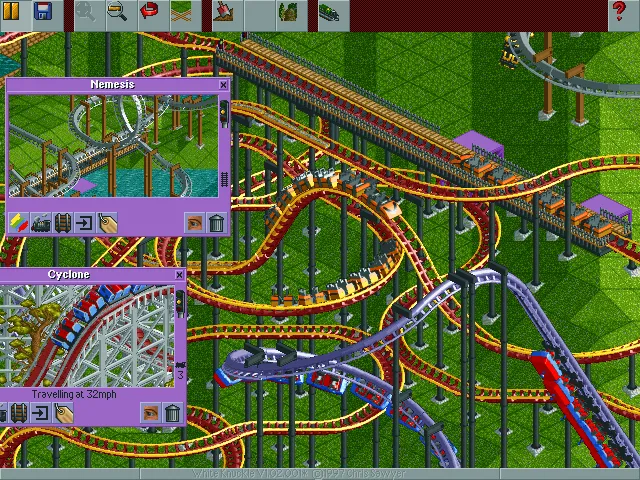 Một bản dựng đầu tiên của RollerCoaster Tycoon với các con đường và cây cối