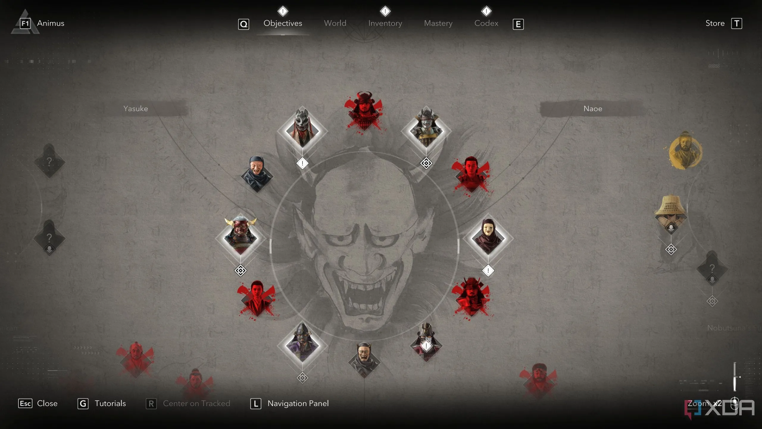Một bảng nhiệm vụ trong Assassin's Creed Shadows cho thấy các mục tiêu và nhiệm vụ khác nhau có sẵn cho người chơi.