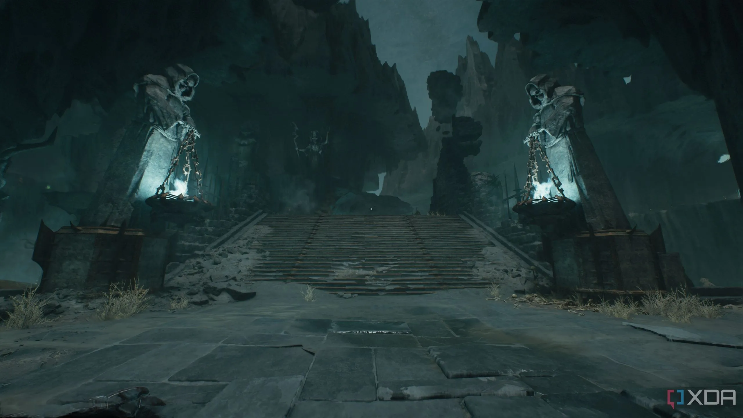 Một đấu trường lớn với những bức tượng khổng lồ và cầu thang trong Chương 19 Doom The Dark Ages