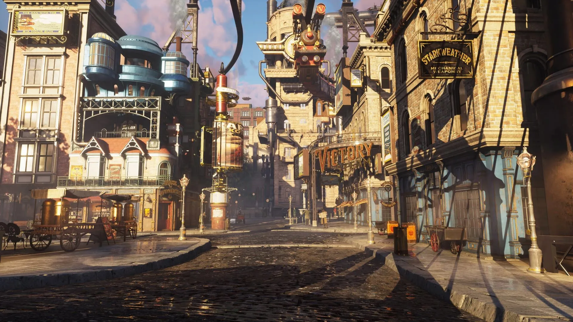 Một khung cảnh thành phố theo phong cách steampunk trong tựa game Clockwork Revolution, gợi nhớ không khí Bioshock Infinite.