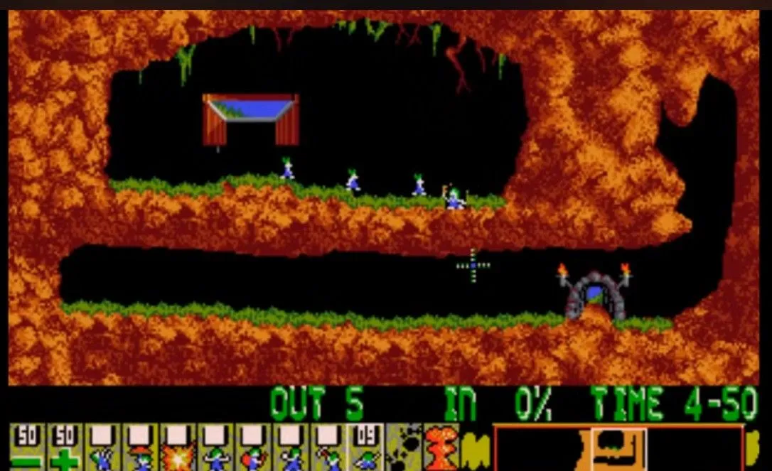Một màn chơi trong game Lemmings, nơi người chơi phải dẫn dắt các chú Lemming thoát khỏi cạm bẫy.