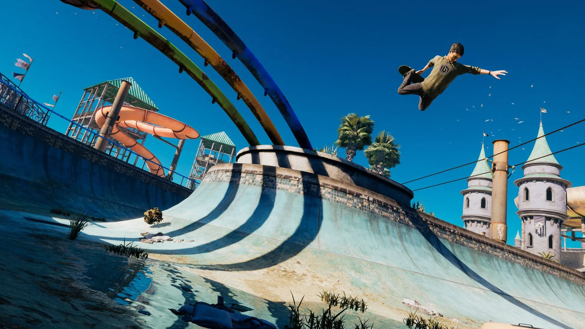 Một vận động viên trượt ván đang thực hiện cú trick ấn tượng trên không trung trong Tony Hawk's Pro Skater 3 + 4