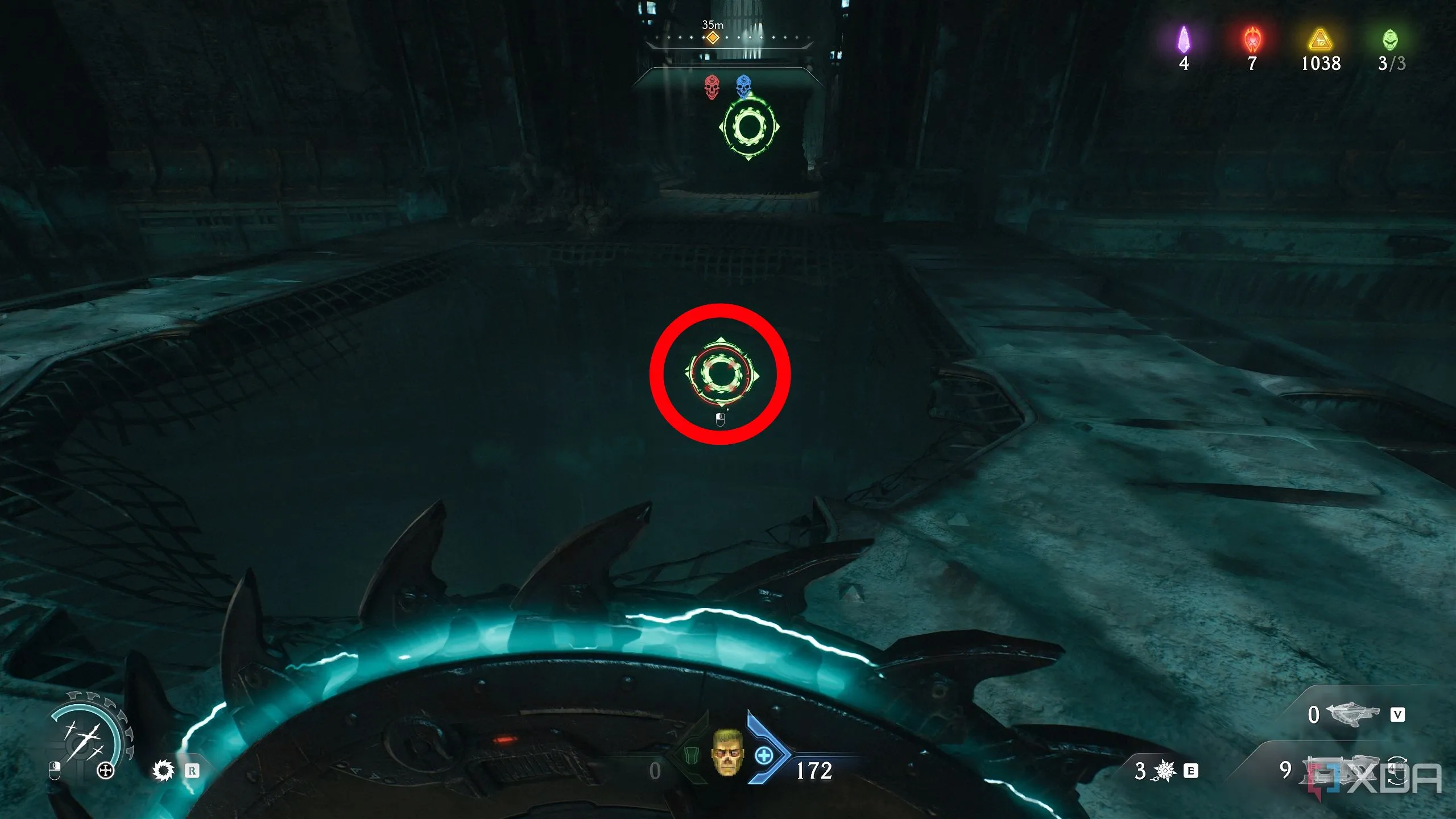 Một vòng tròn làm nổi bật biểu tượng Shield Charge thấp hơn trong số hai biểu tượng trong Chương 19 Doom The Dark Ages