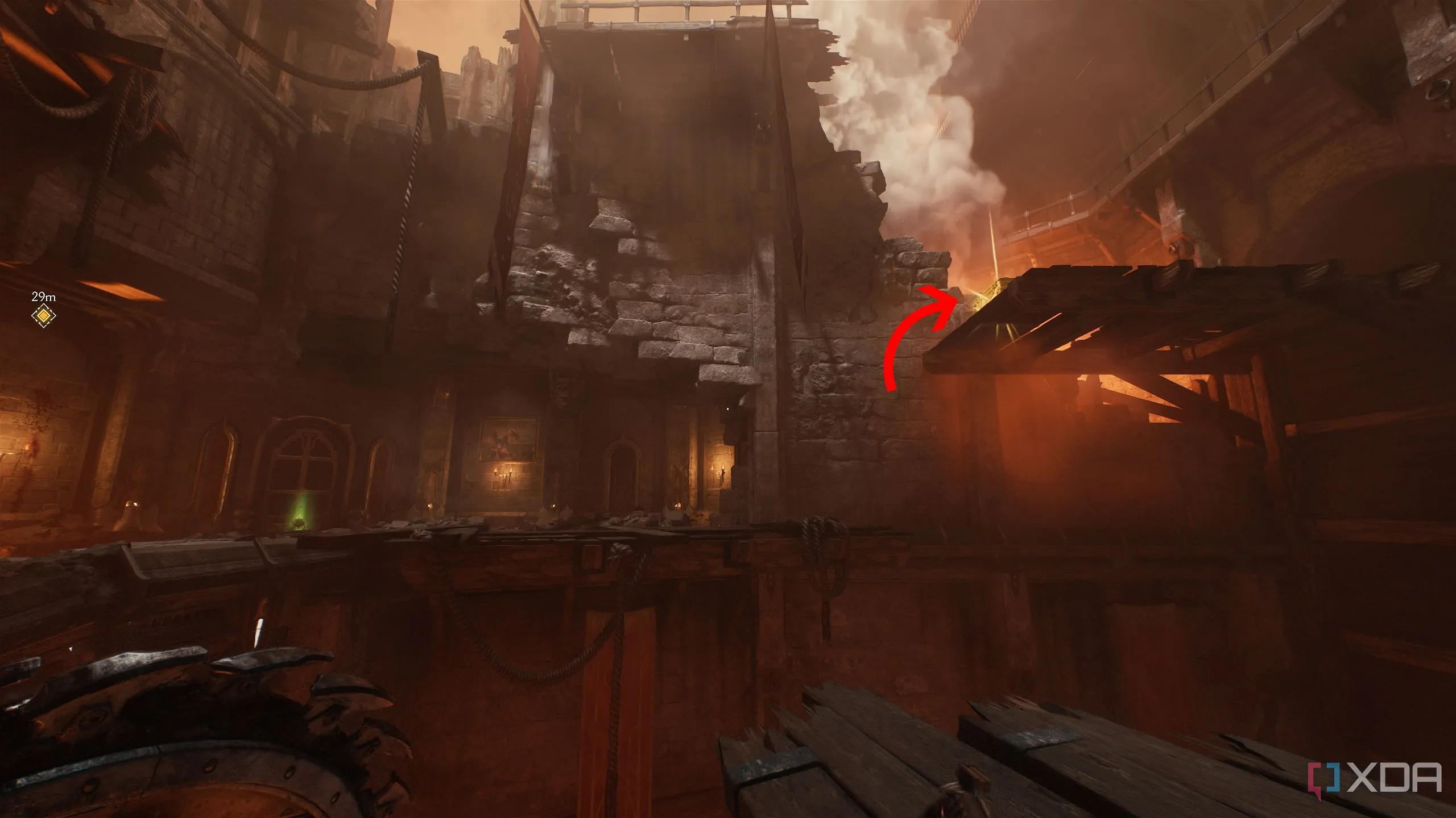 Mũi tên chỉ rương vàng trên cao trong Doom: The Dark Ages Chapter 7.