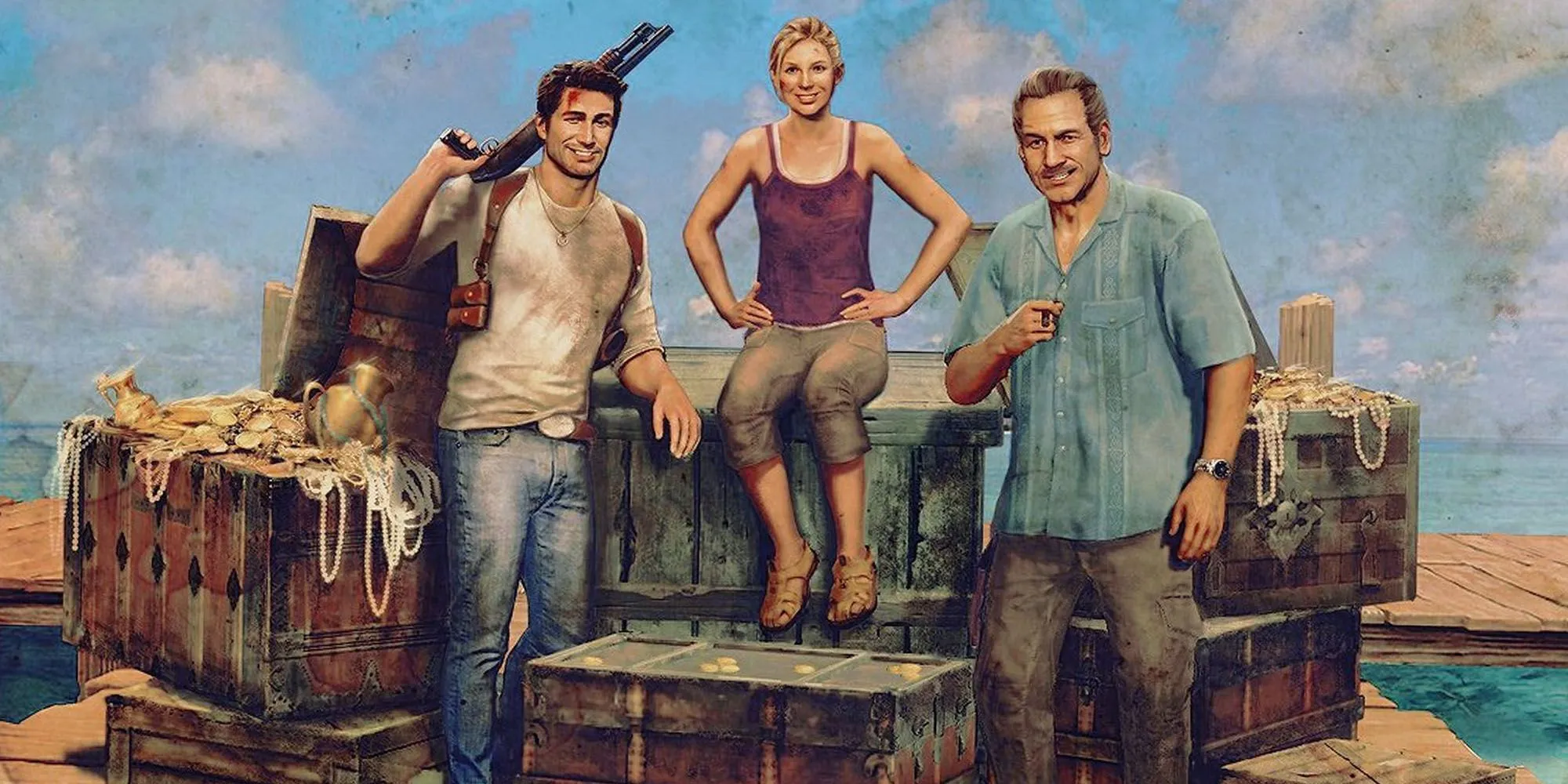 Nathan Drake, Elena Fisher và Victor Sullivan trong một cảnh của Uncharted Drake's Fortune
