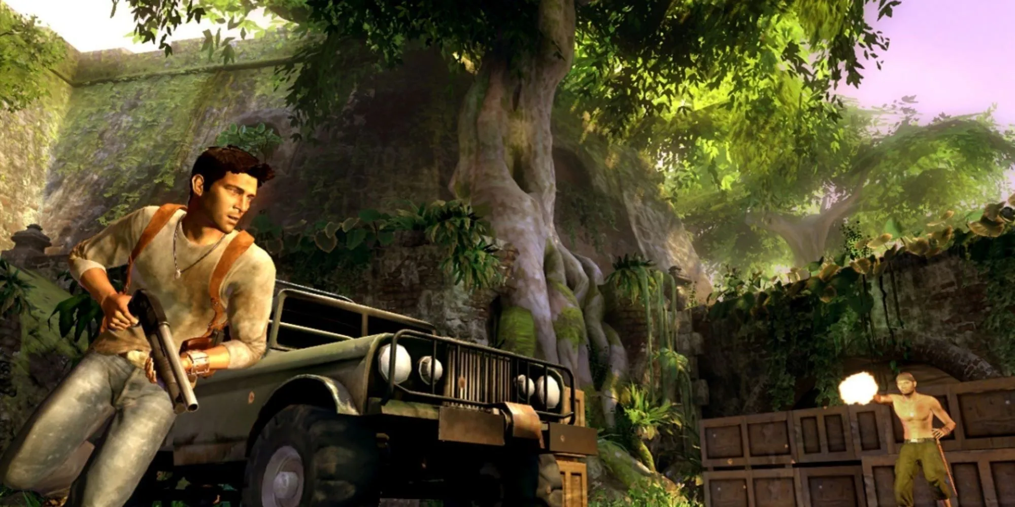 Nathan Drake nấp sau xe jeep trong một phân cảnh chiến đấu của Uncharted Drake's Fortune