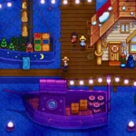 Người chơi Stardew Valley chạy trên bến tàu vào ban đêm dưới ánh trăng