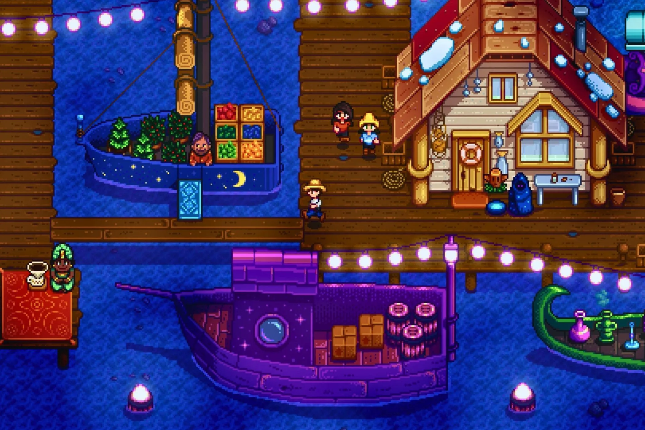 Người chơi Stardew Valley chạy trên bến tàu vào ban đêm dưới ánh trăng
