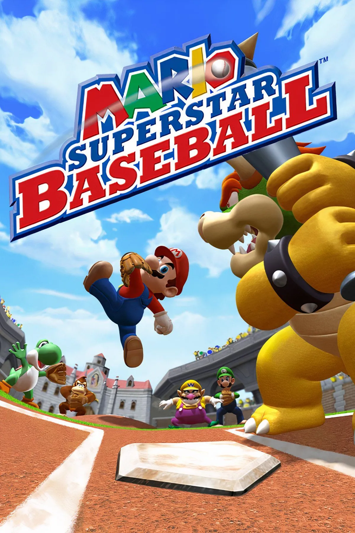 Người chơi và các nhân vật Mario trong game bóng chày Mario Superstar Baseball trên GameCube.