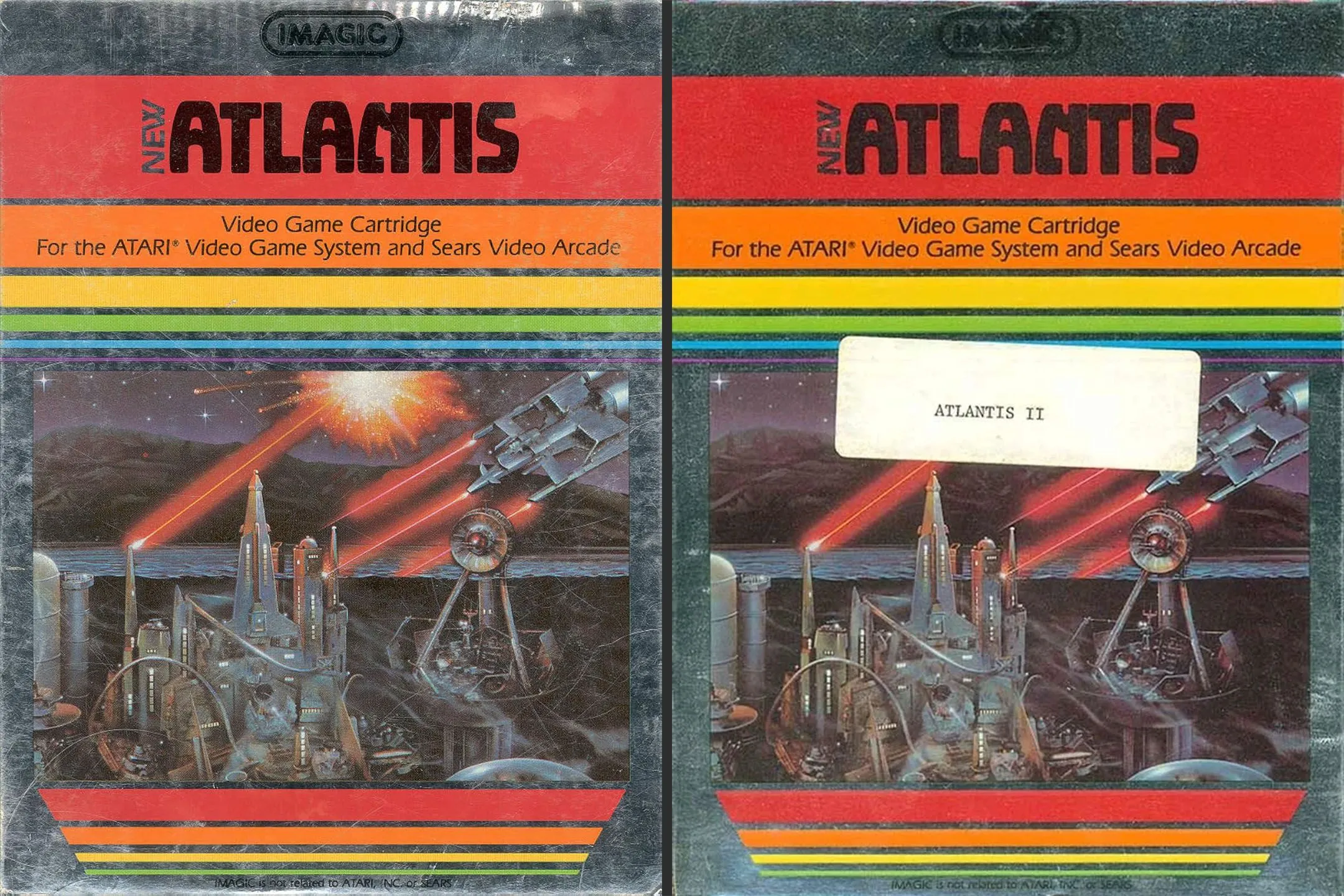 Nhãn dán của Atlantis I và Atlantis II cho Atari đặt cạnh nhau