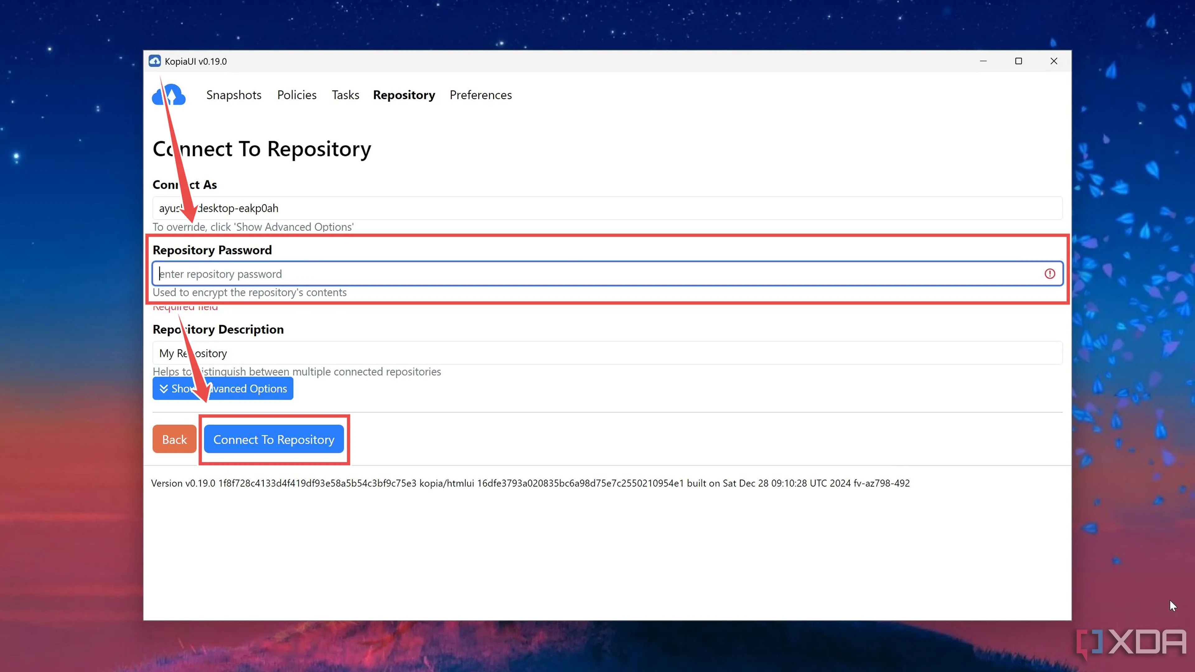Nhấn nút Connect to Repository trong Kopia