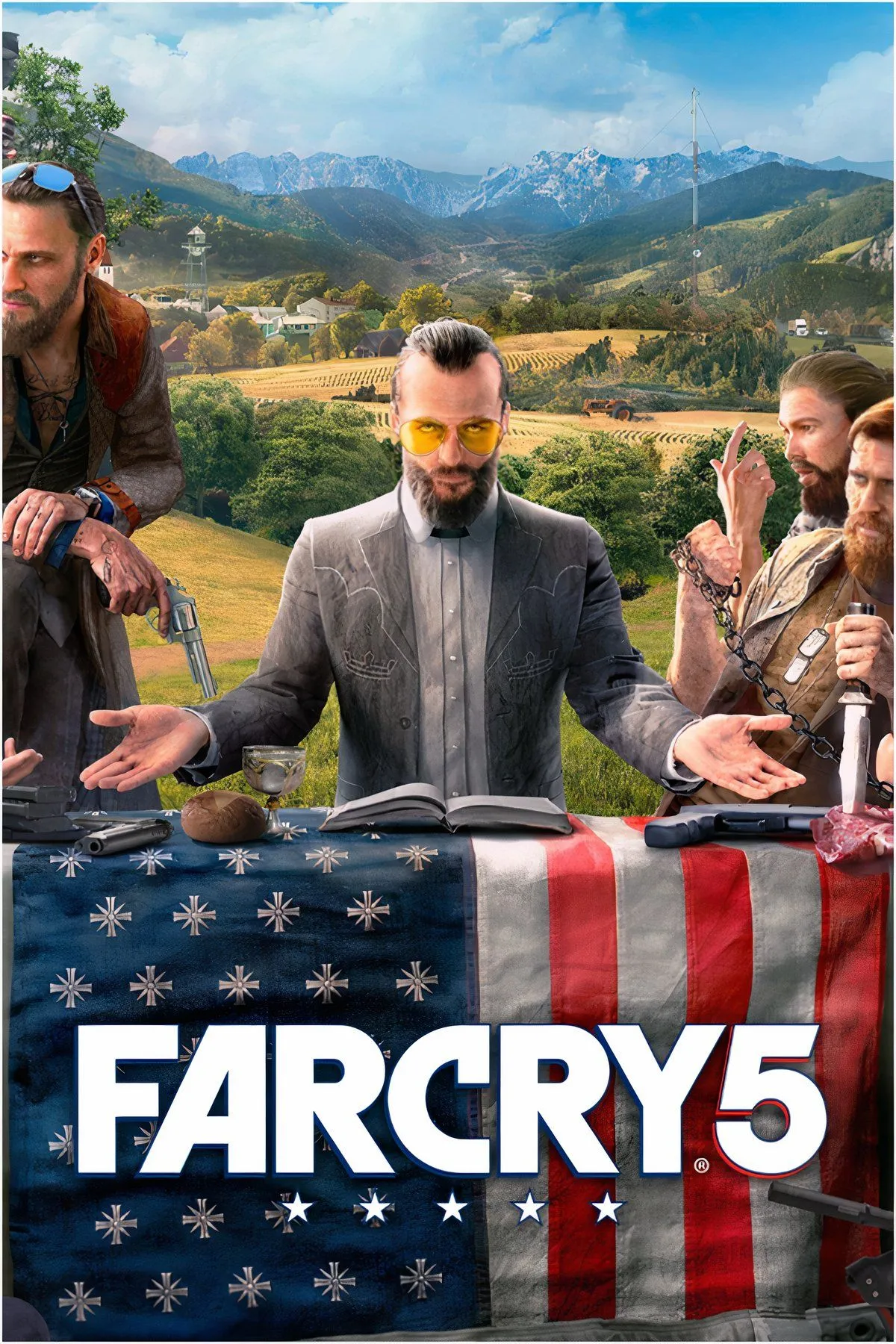 Nhân vật chính bị thành viên giáo phái bắt cóc trong Far Cry 5, minh họa cơ chế đột ngột làm gián đoạn gameplay