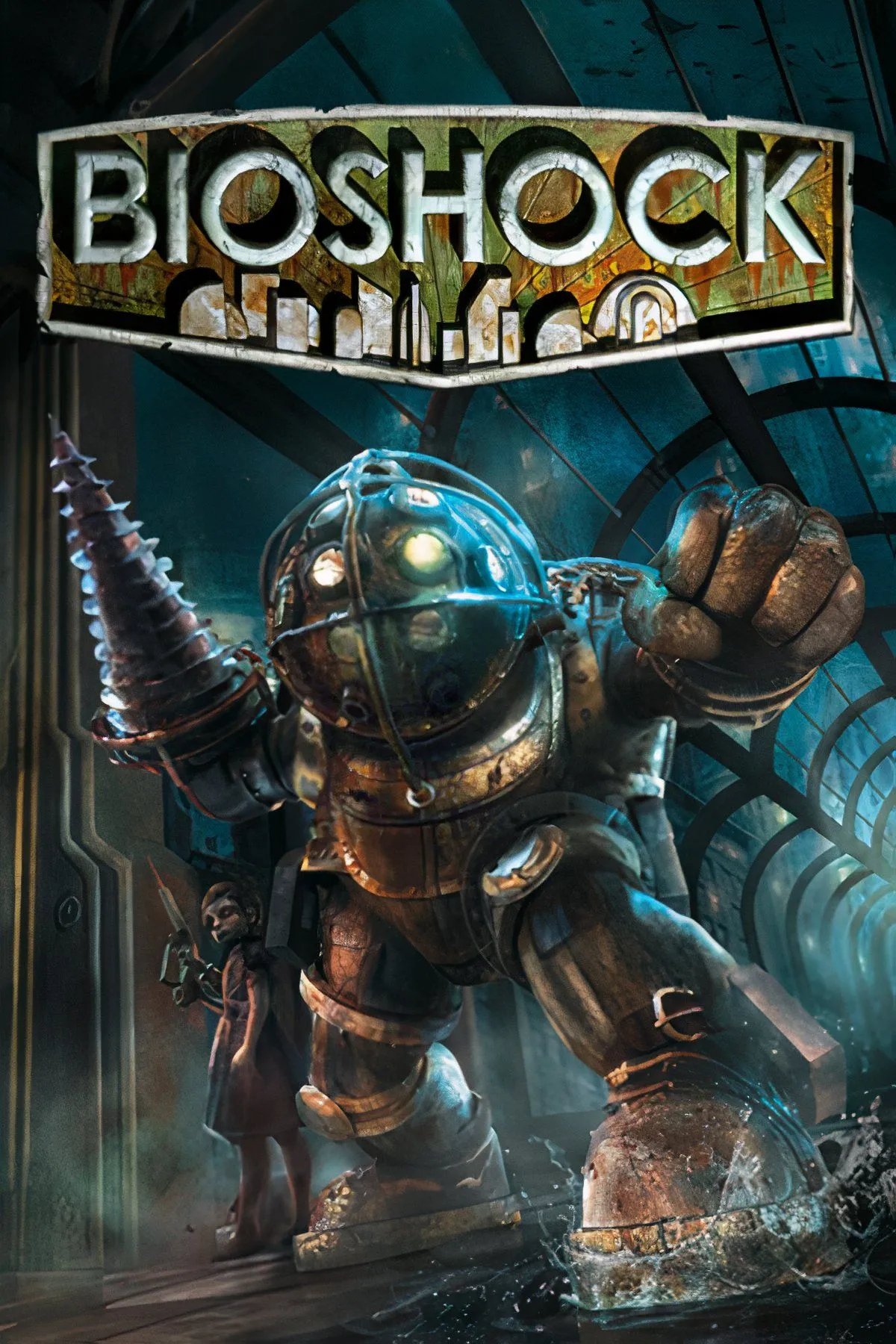 Nhân vật chính Jack trong Bioshock với bàn tay cầm vũ khí và biểu tượng đặc trưng của game.