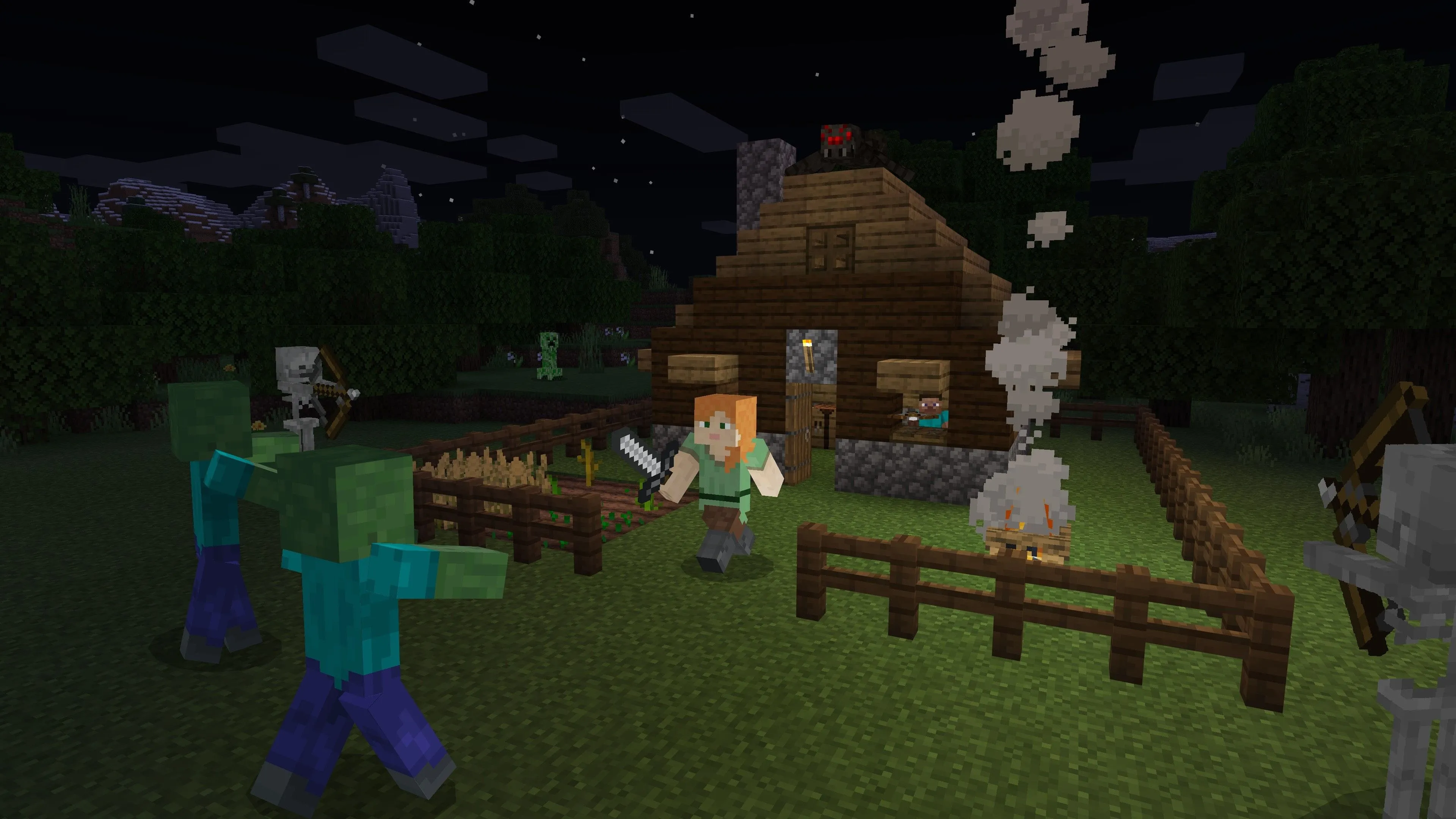 Nhân vật đang chiến đấu với quái vật trong Minecraft.