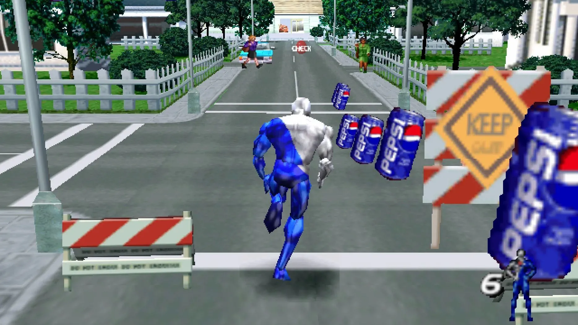 Nhân vật Pepsiman đang chạy trên đường phố và thu thập lon Pepsi trong game