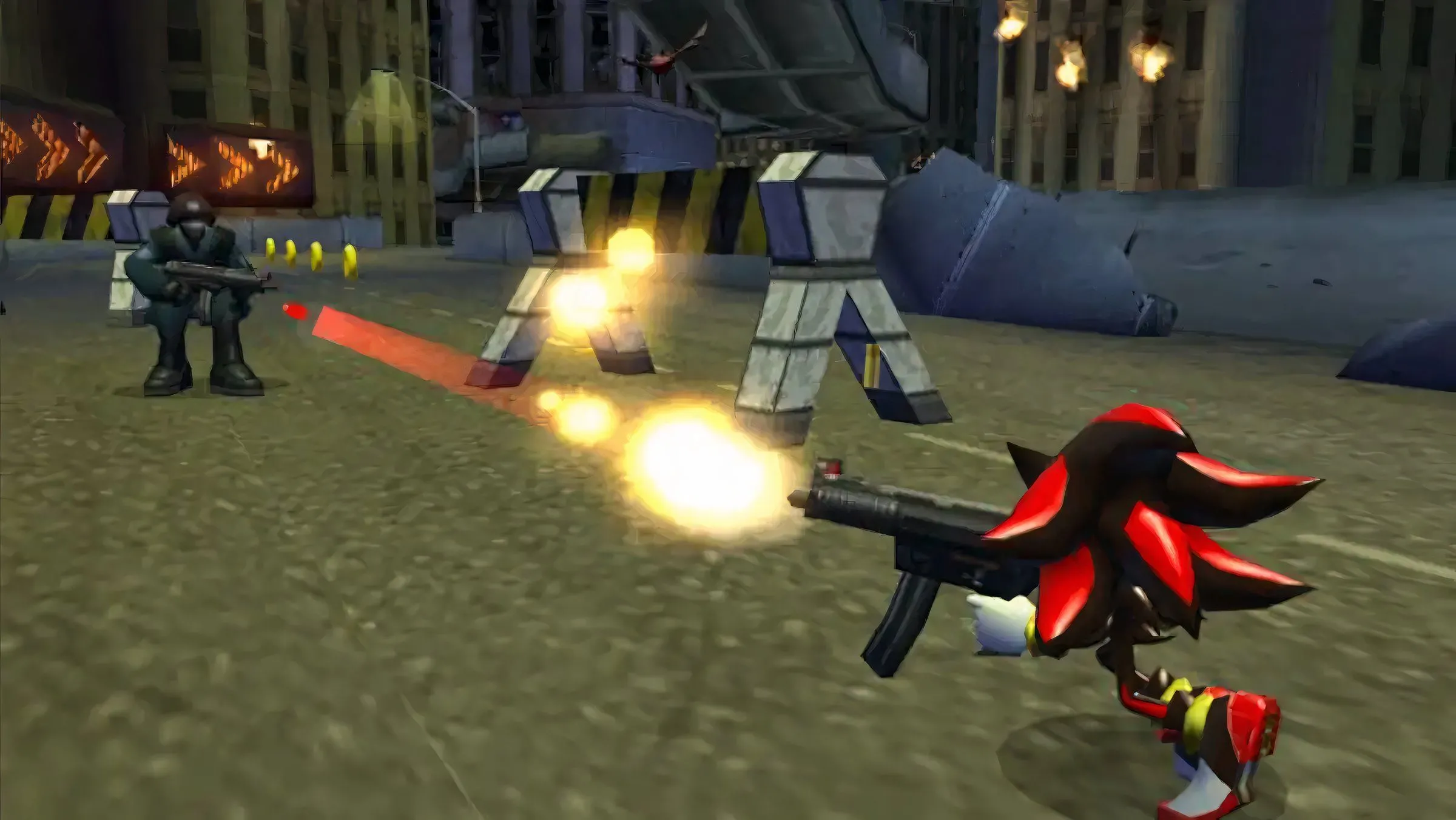 Nhân vật Shadow the Hedgehog trong tư thế cầm súng, thể hiện phong cách gai góc của game Shadow the Hedgehog.
