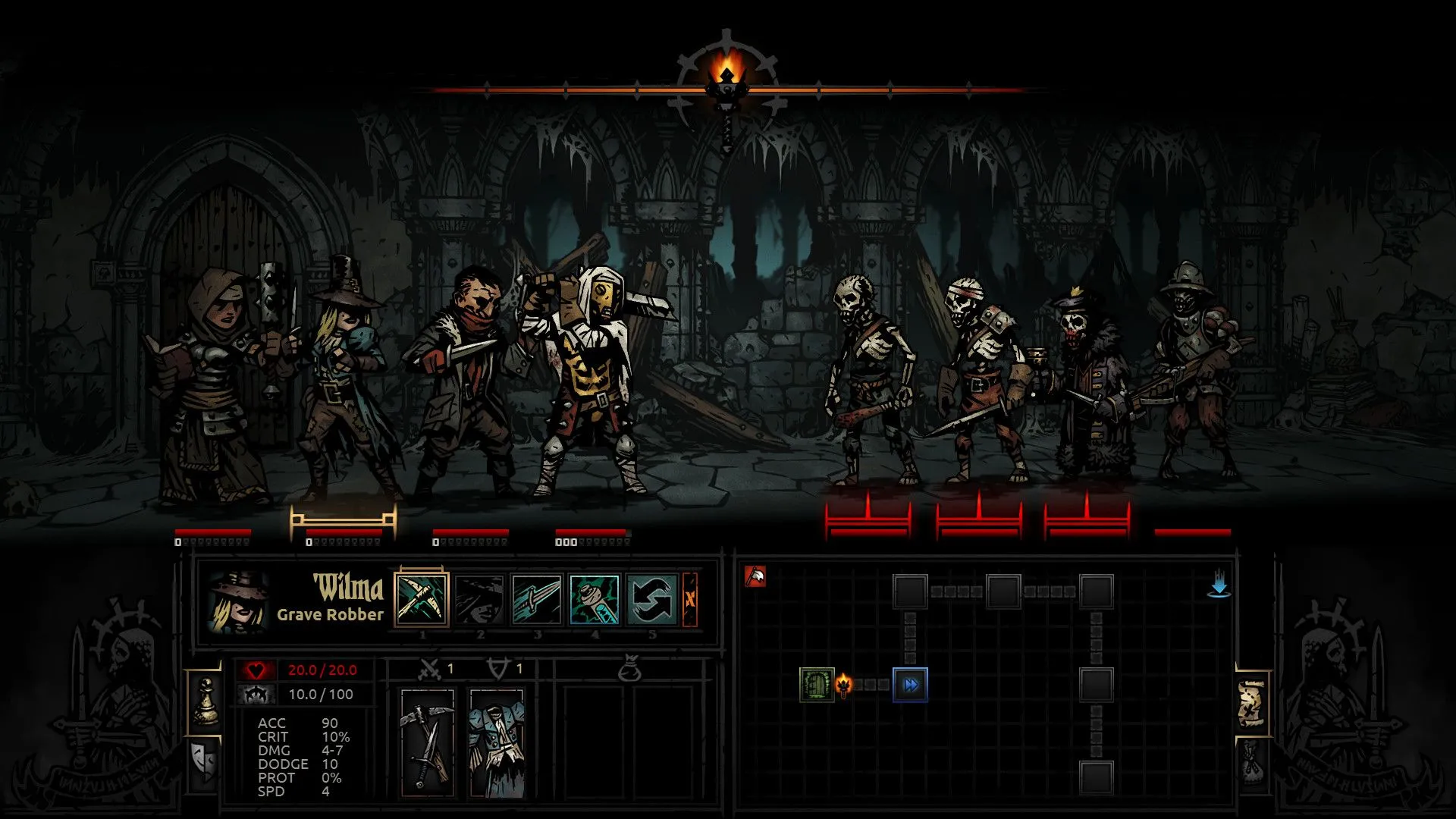 Nhân vật trong Darkest Dungeon đối mặt với mức độ căng thẳng cao, minh họa cơ chế tinh thần trong game RPG.