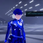 Nhân vật trong game indie 1000xResist đang nói chuyện trong một hành lang màu xám
