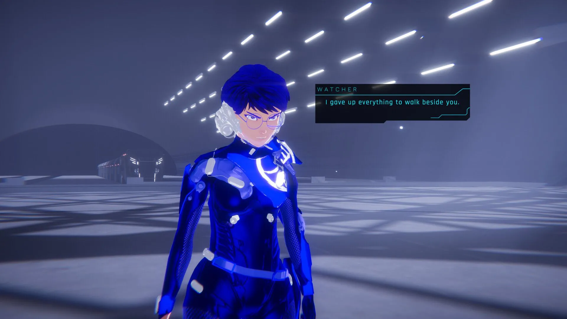 Nhân vật trong game indie 1000xResist đang nói chuyện trong một hành lang màu xám