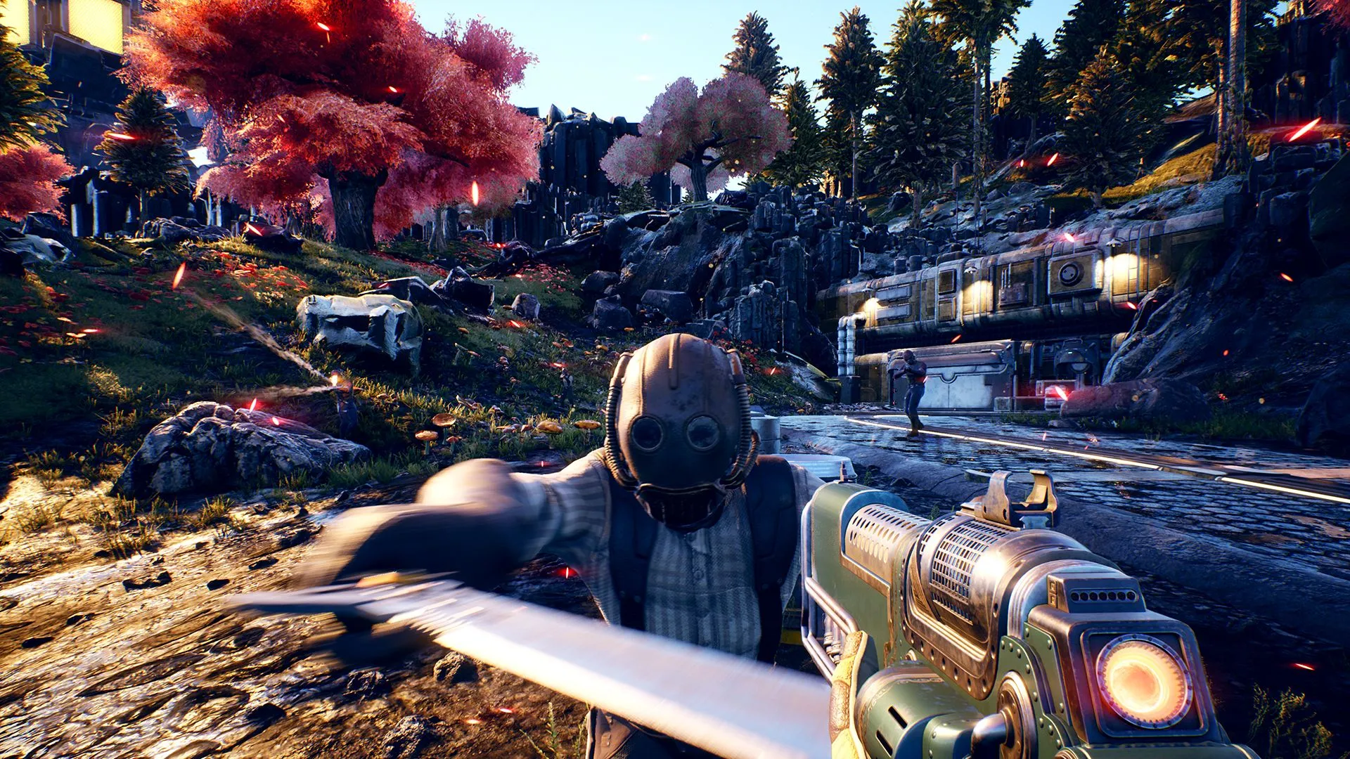 Nhân vật trong The Outer Worlds tương tác với NPC, minh họa khả năng tấn công mọi NPC trong game RPG thế giới mở.