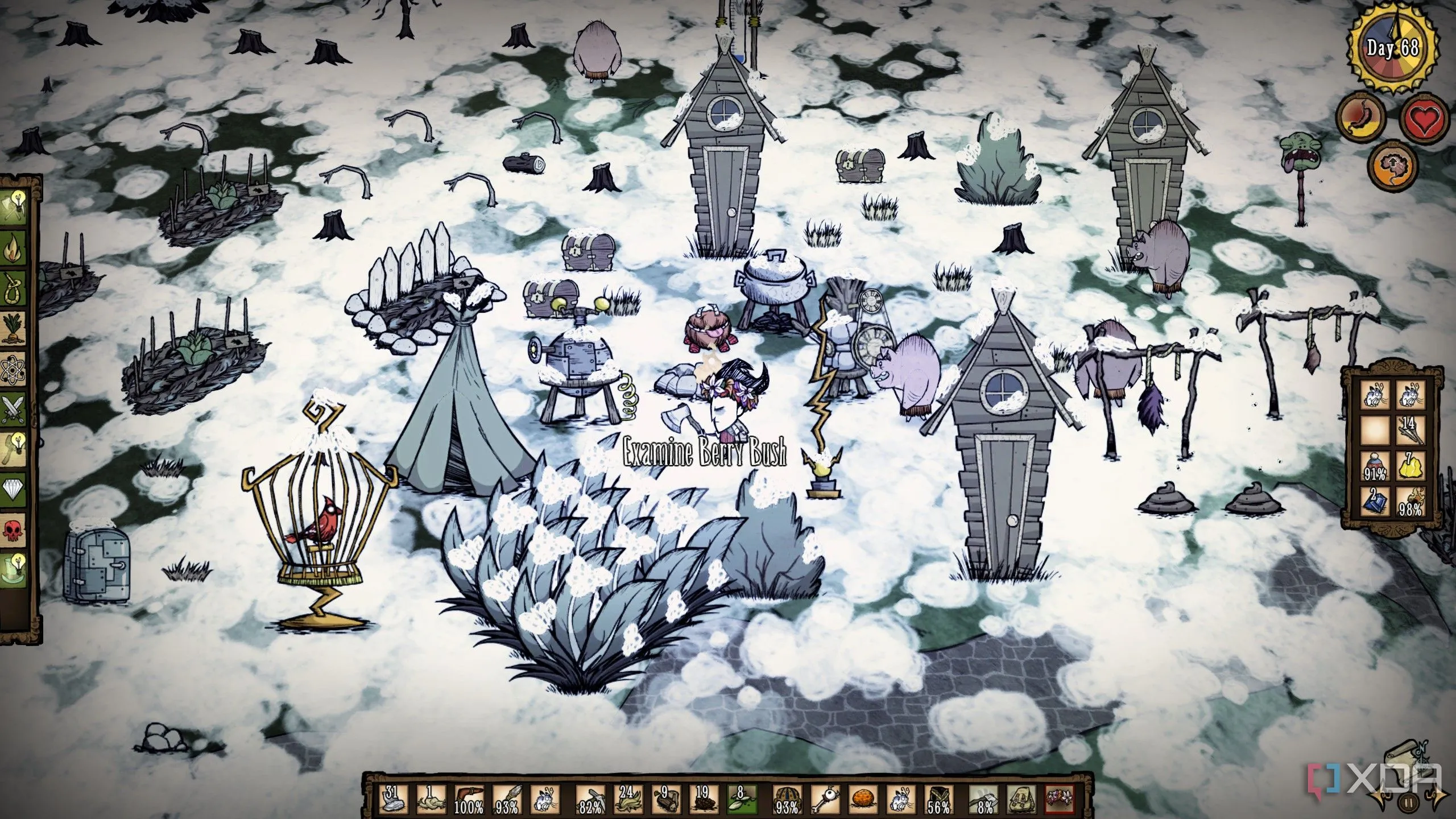 Nhân vật Wilson đang đứng trong môi trường hoang dã của Don't Starve vào ngày thứ 68.