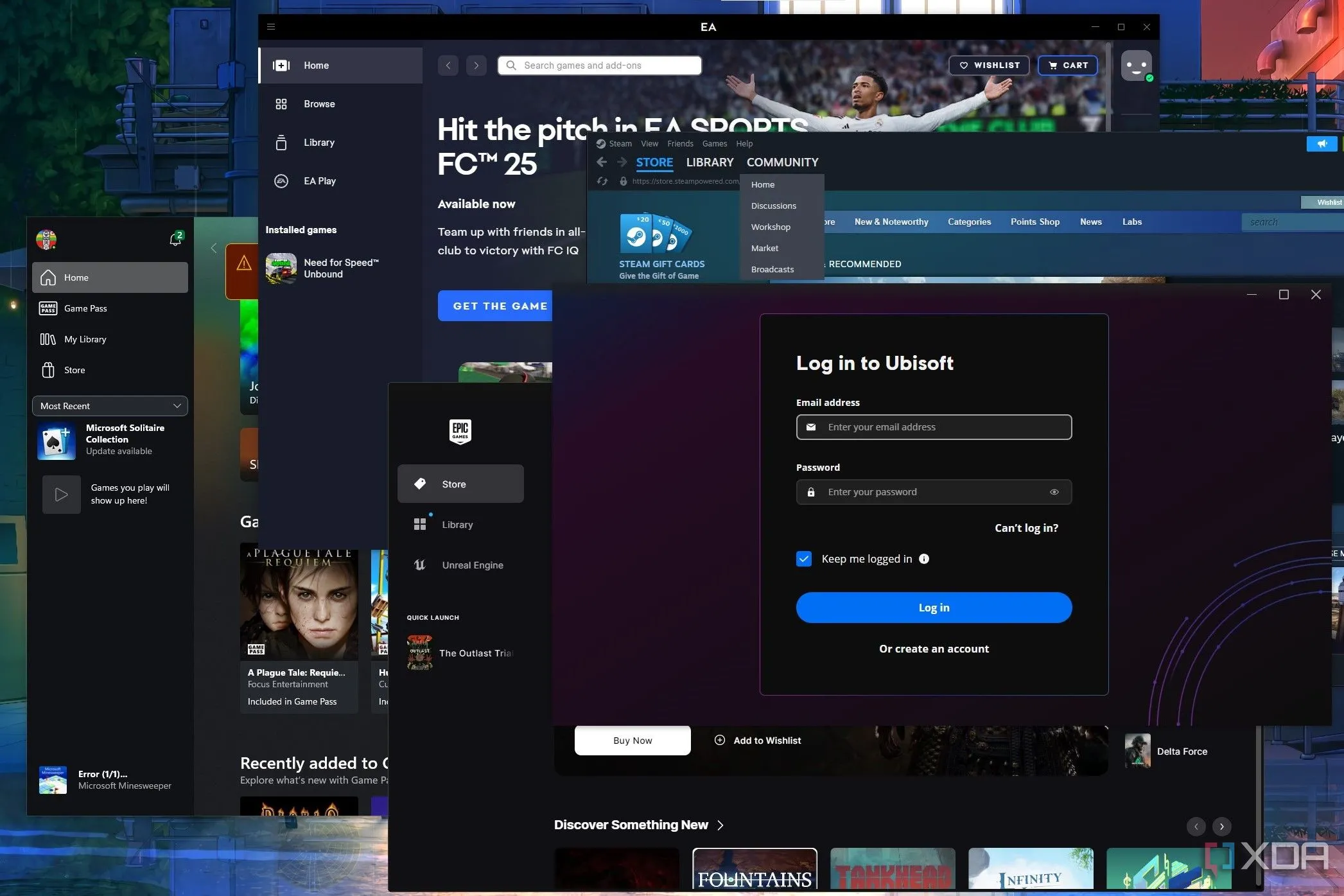 Nhiều ứng dụng launcher game đang mở trên màn hình máy tính Windows, minh họa sự cồng kềnh của các nền tảng phân phối game.