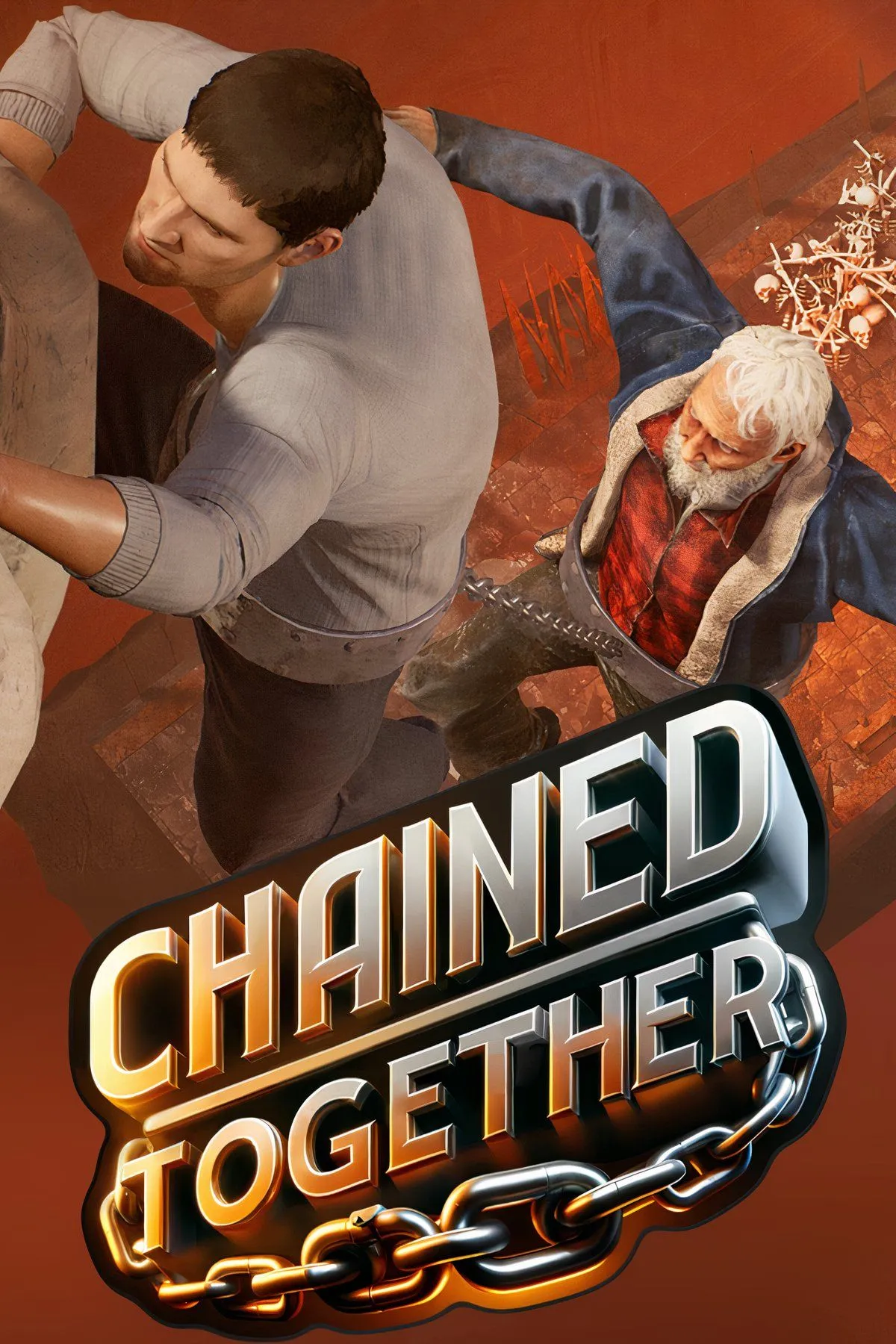 Nhóm nhân vật trong game Chained Together đang cố gắng vượt qua chướng ngại vật hiểm trở khi bị xích vào nhau