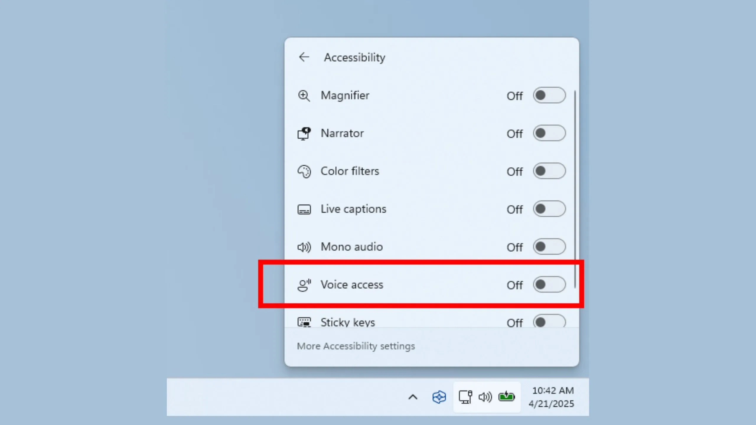Nút bật tắt Voice Access đã có trong bảng điều khiển Quick Actions của Windows 11