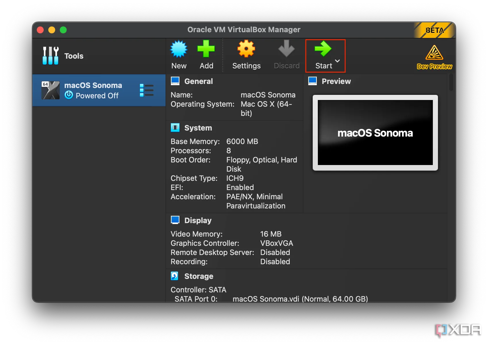 Nút khởi động để chạy máy ảo macOS trong phần mềm VirtualBox