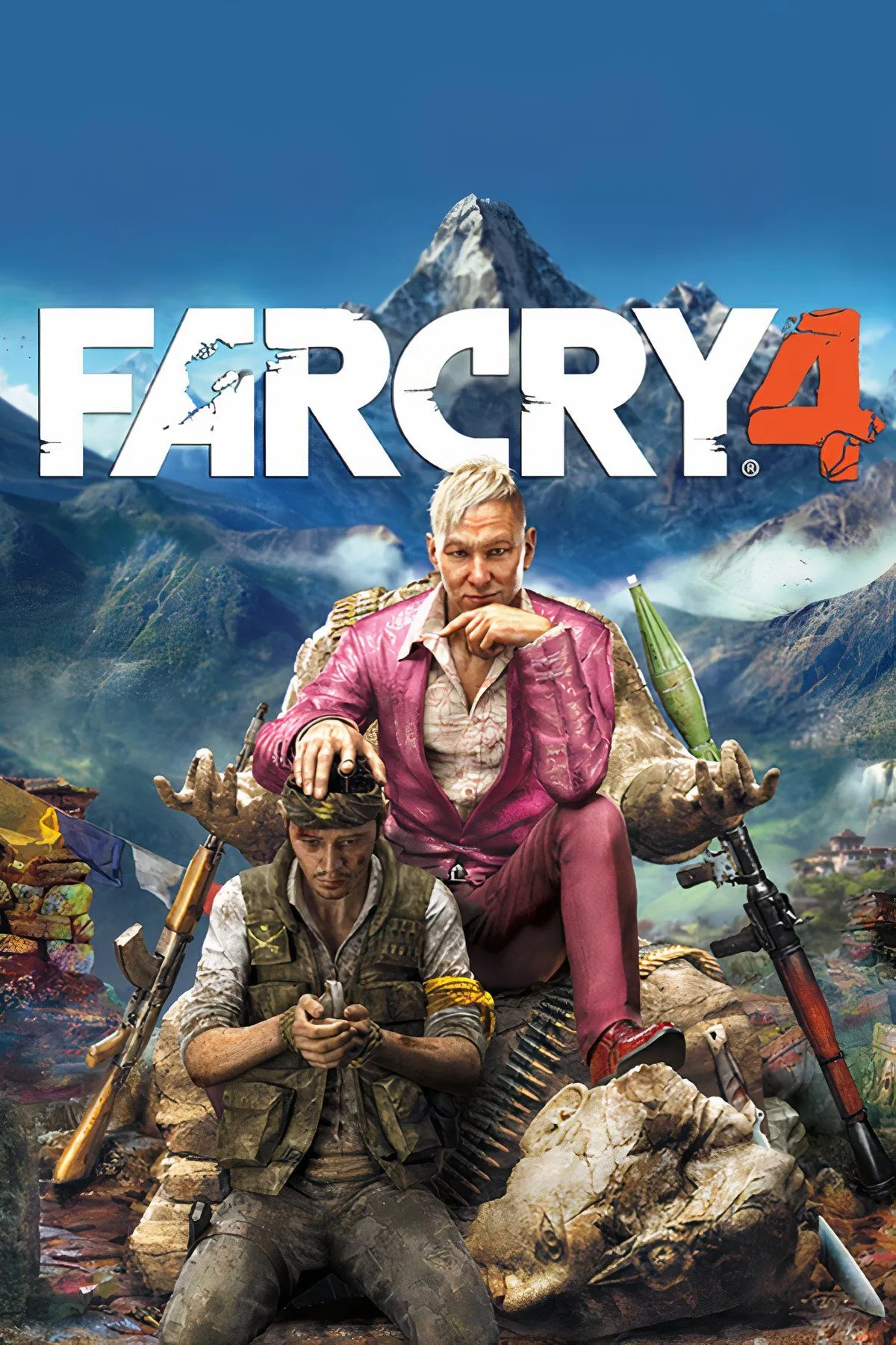 Pagan Min trong Far Cry 4 với bộ đồ màu hồng đặc trưng, khuôn mặt đầy kiêu ngạo nhưng ánh mắt sâu sắc.