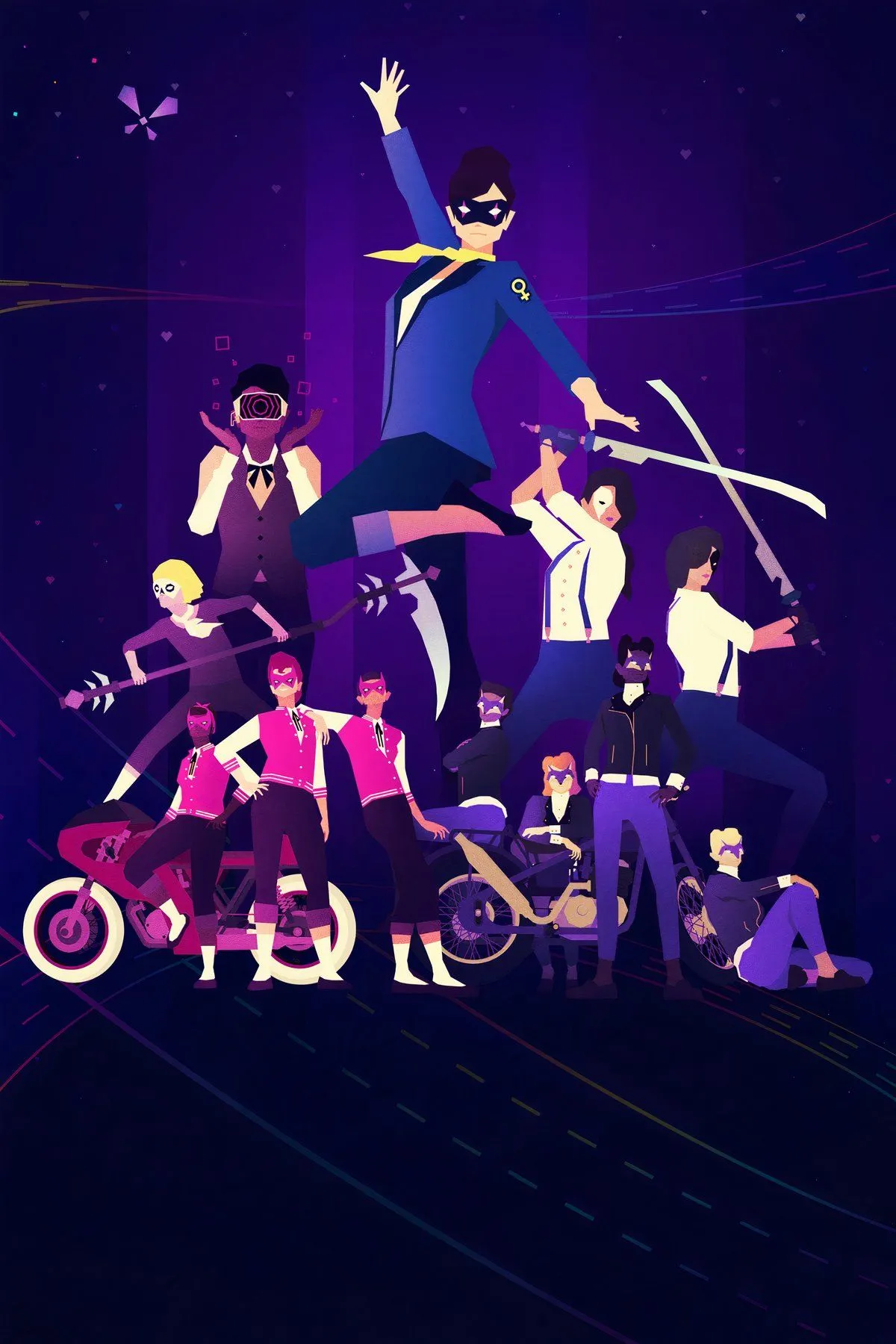Phong cách nghệ thuật neon rực rỡ và nhân vật trong game Sayonara Wild Hearts.