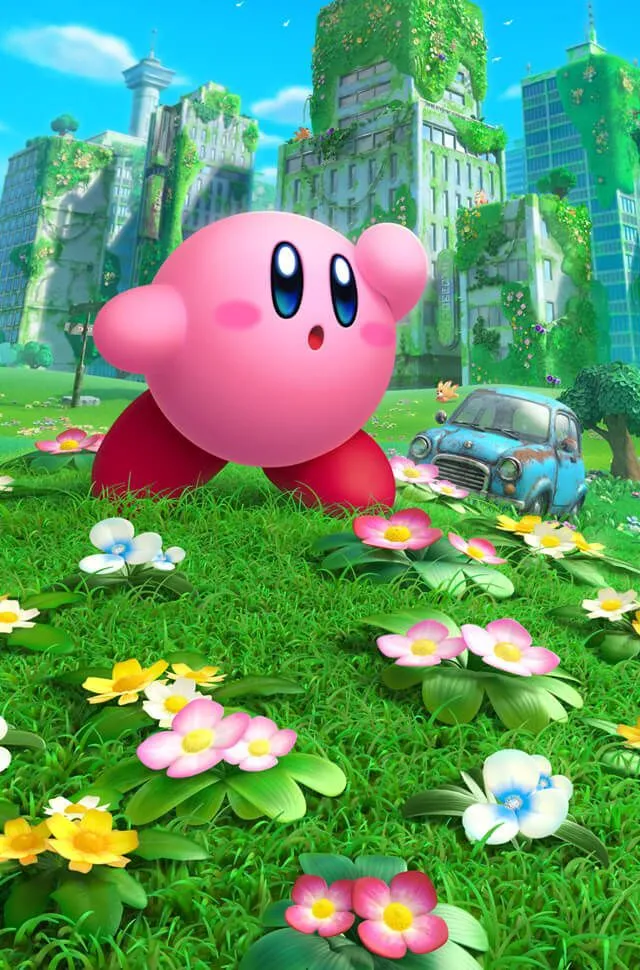 Poster game Kirby and the Forgotten Land với Kirby và các Waddle Dee trong một thế giới đổ nát nhưng đầy màu sắc