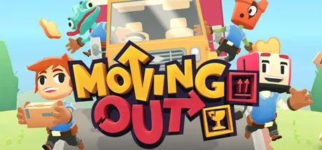 Poster game Moving Out với các nhân vật hoạt hình đang vận chuyển đồ đạc trong một khung cảnh hỗn loạn và hài hước