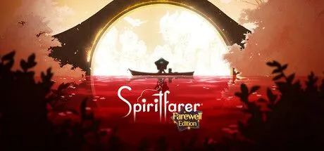 Poster game Spiritfarer với Stella và con thuyền chở linh hồn trên mặt nước tĩnh lặng dưới ánh trăng