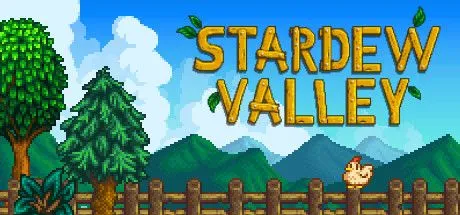 Poster game Stardew Valley với các nhân vật, động vật và cây trồng trong một khung cảnh nông thôn yên bình