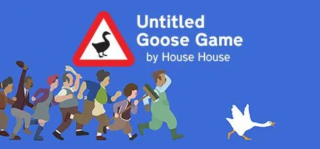 Poster game Untitled Goose Game với hai con ngỗng trắng đang gây rối trong một khu vườn