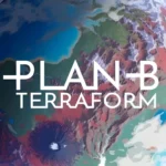 Quang cảnh hành tinh được terraform trong game Plan B: Terraform với cây cối và sông hồ xanh tươi