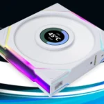 Quạt tản nhiệt Lian Li UNI Fan TL LCD với màn hình hiển thị sống động, biểu tượng cho xu hướng LCD trên linh kiện PC.