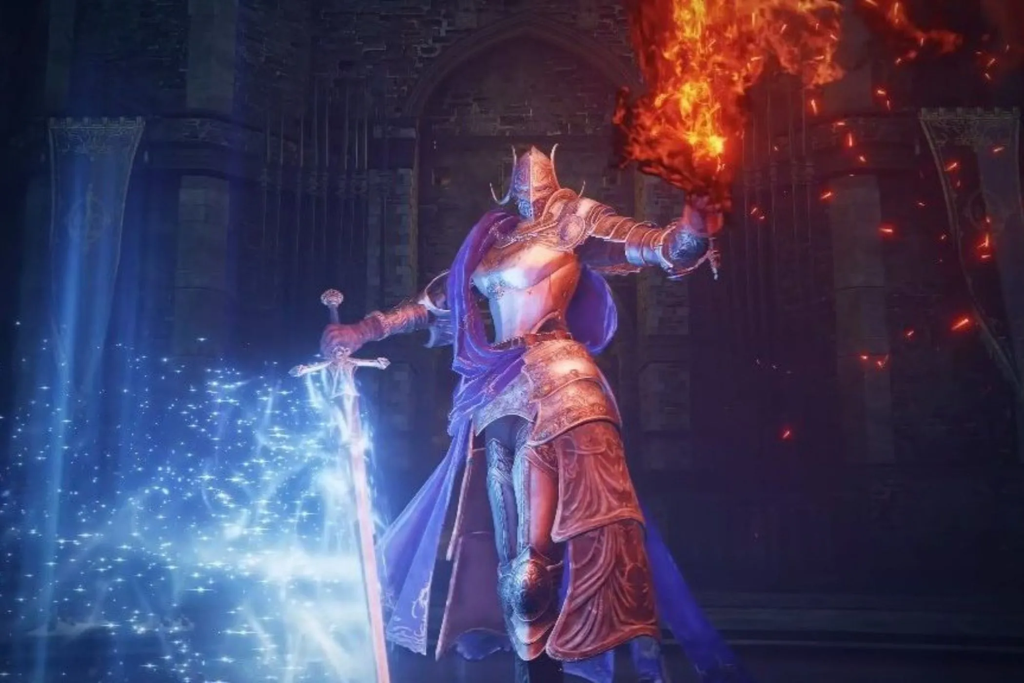 Rellana Twin Moon Knight Elden Ring vung kiếm phép thuật và lửa