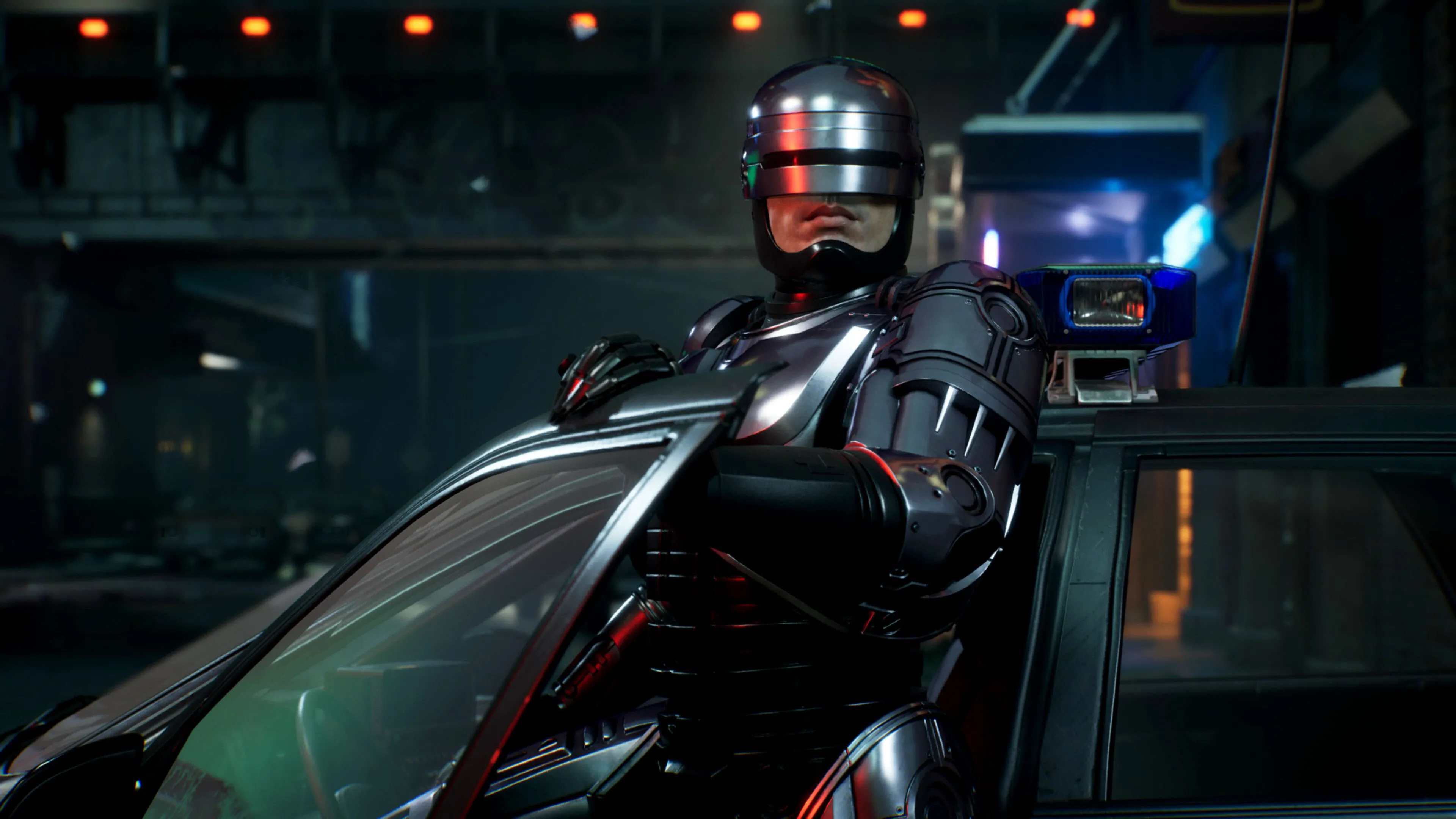 RoboCop: Rogue City - Hình ảnh RoboCop bước ra từ xe, thể hiện phong cách game bắn súng góc nhìn thứ nhất với đồ họa chi tiết.