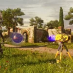 Robot trong sân có kiến trúc cổ đại từ game The Talos Principle, thể hiện sự chính xác cần thiết trong game giải đố