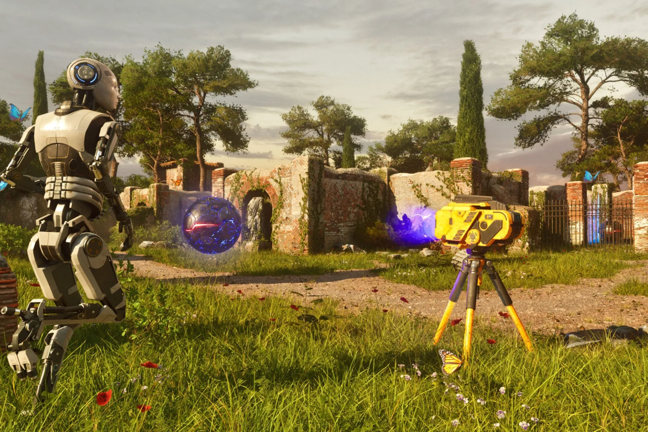 Robot trong sân có kiến trúc cổ đại từ game The Talos Principle, thể hiện sự chính xác cần thiết trong game giải đố