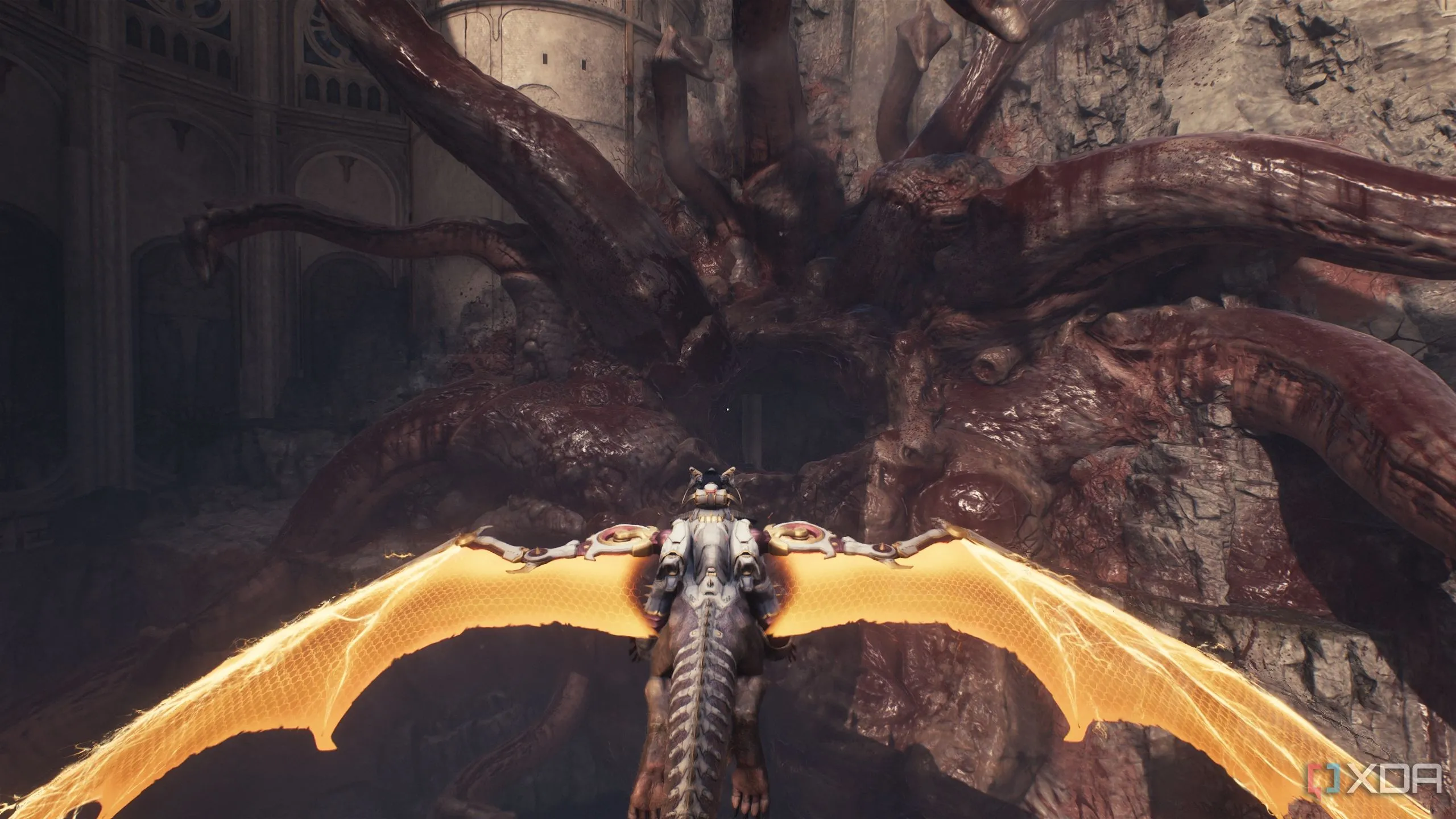 Rồng Serrat bay xuyên qua một Leviathan quỷ bị kẹt trên tường thành trong Doom The Dark Ages