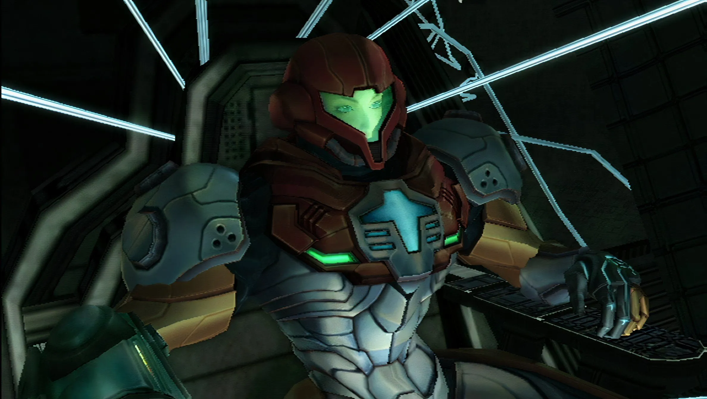 Samus Aran trong một khu vực chi tiết của Metroid Prime 3 Corruption, thể hiện đồ họa tiên tiến