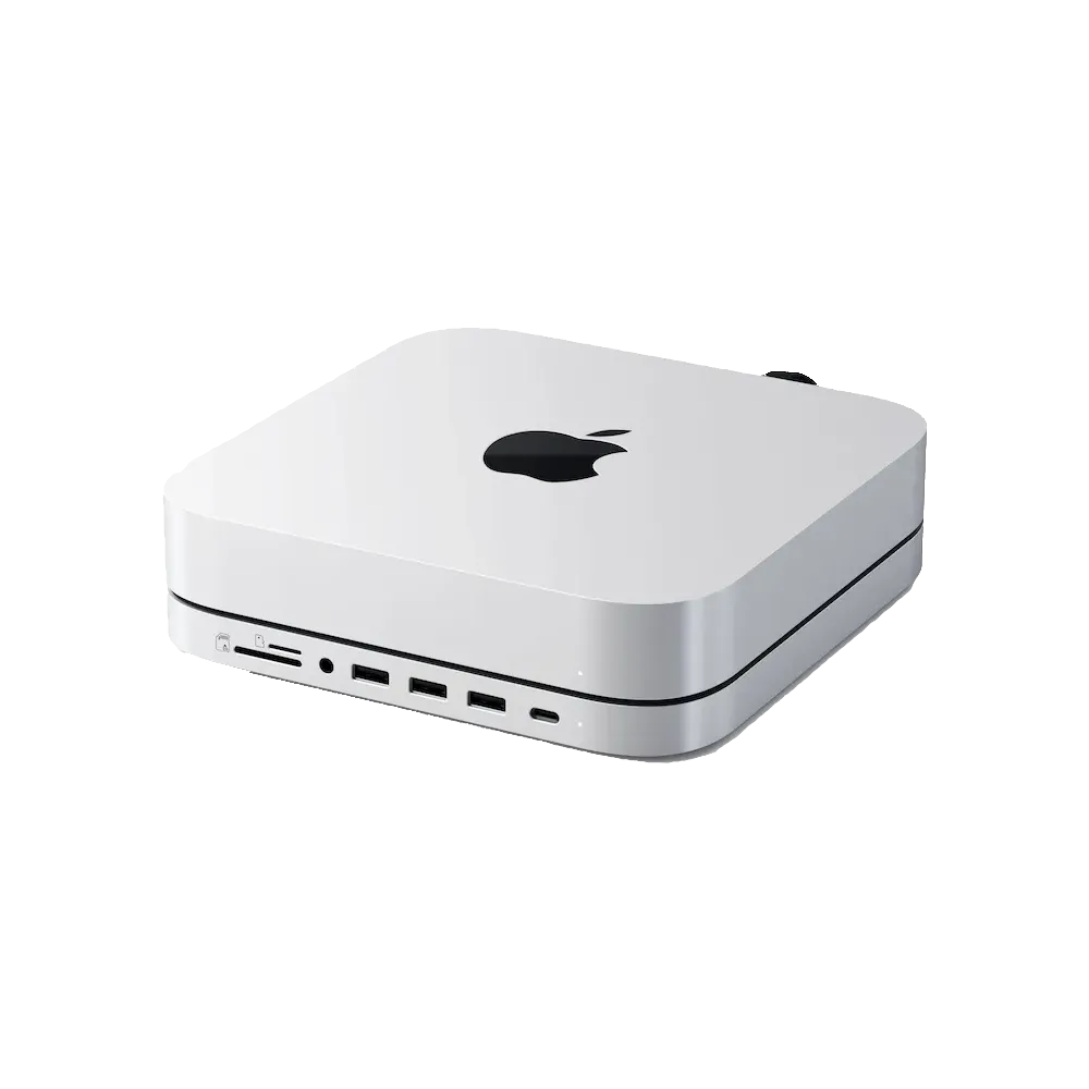 Satechi Stand & Hub màu bạc kết nối liền mạch với Mac Mini, thể hiện các cổng mở rộng phía trước và khe SSD M.2