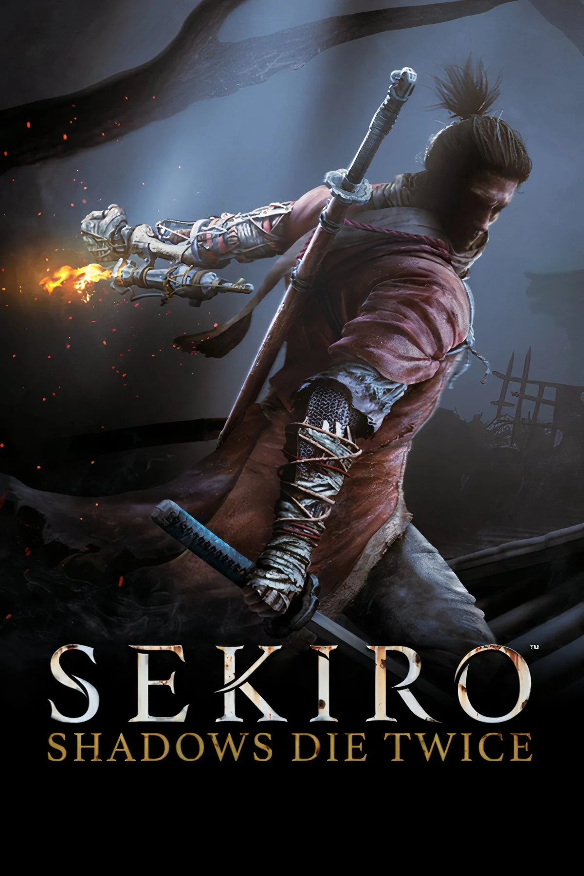 Sekiro đứng sẵn sàng chiến đấu trên nóc một ngôi đền Nhật Bản cổ kính